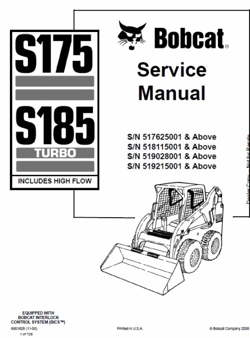 Bobcat 2 S175 S185H Skid Steer Service Repair Manual