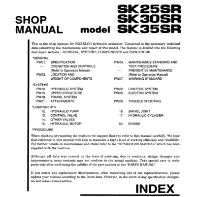 Kobelco SK25SR, SK30SR, SK35SR Mini Excavator Service Repair Manual