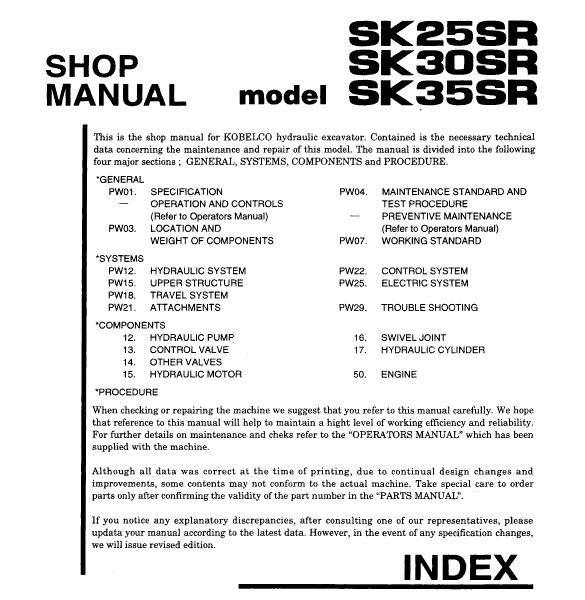 Kobelco SK25SR, SK30SR, SK35SR Mini Excavator Service Repair Manual