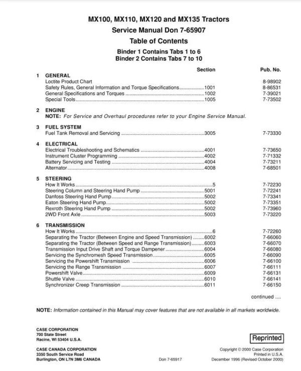 Case MX100 MX110 MX120 MX135 Tractor Workshop Service Manual