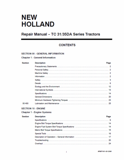 New Holland Tc35 Tc40 Tc45 Tractor Manual