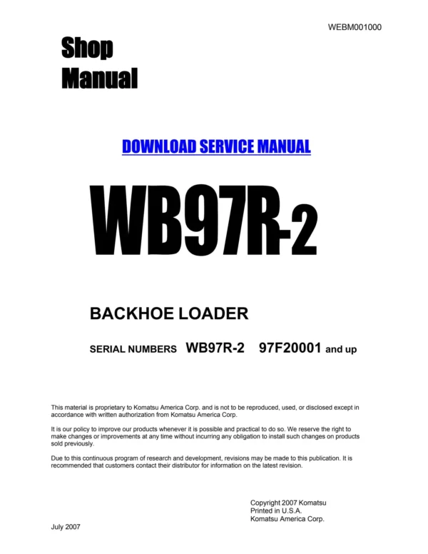 Komatsu WB97R-2 Backhoe Workshop Service Repair Manual Komatsu WB97R-2 Backhoe Workshop Service Repair Manual