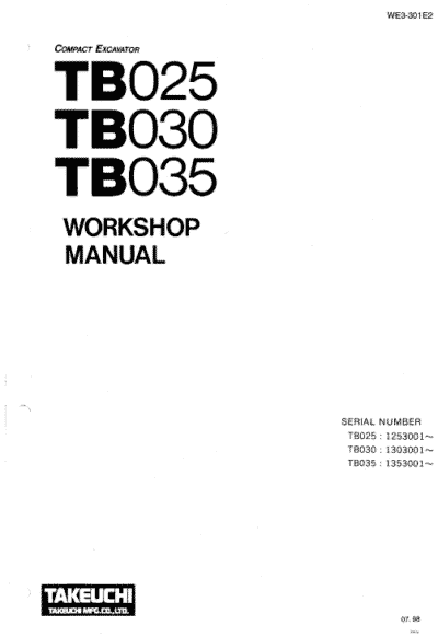 TAKEUCHI Excavator Tb025 Workshop Parts Manual