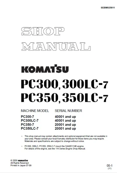 Komatsu PC300-7 PC350LC-7 Hydraulic Service Manual