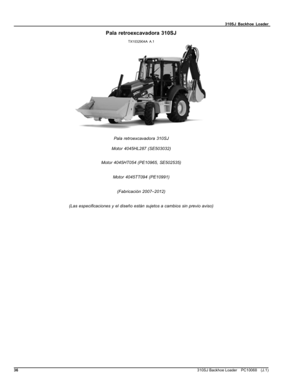 John Deere 310Sj Backhoe Loader Parts Manual