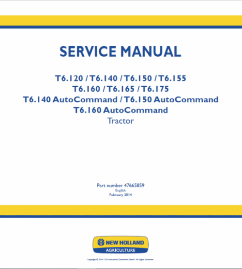 New Holland T6.160, T6.165, T6.175, T6.180 Tractor Service Manual