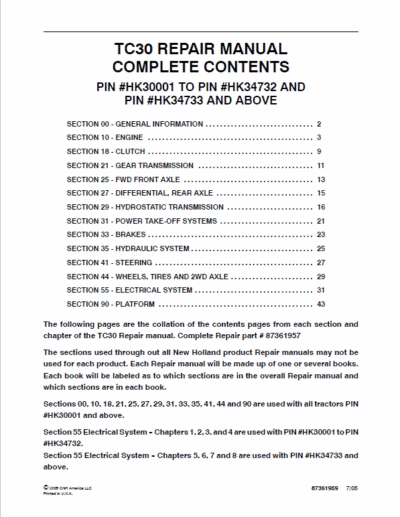 New Holland TC30 Tractor Service Manual