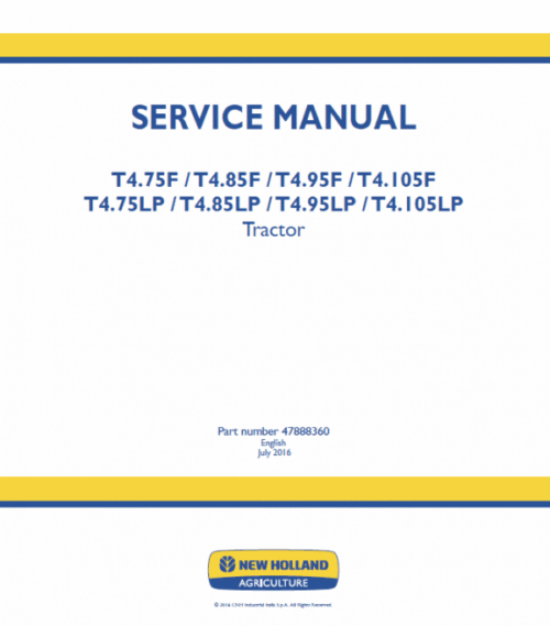 New Holland T4.75LP, T4.85LP, T4.95LP, T4.105LP Tractor Service Manual
