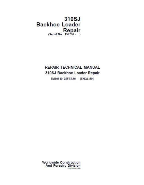 John Deere 310SJ Backhoe Loader Repair Technical Manual (S.N after 159760 – )