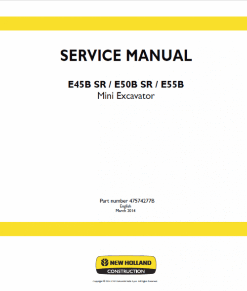 New Holland E45B SR, E50B SR, E55B Mini Excavator Service Manual