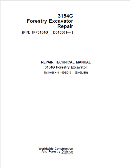 John Deere 3154G Swing Excavator Repair Service Manual