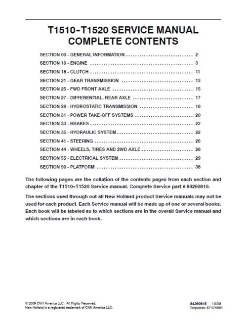 New Holland T1510, T1520 Tractor Service Manual