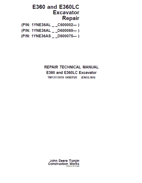 John Deere E360, E360LC Excavator Repair Service Manual
