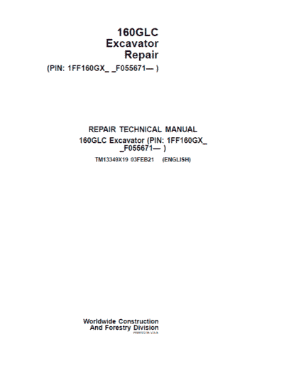 John Deere 160GLC Excavator Repair Service Manual TM
