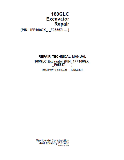 John Deere 160GLC Excavator Repair Service Manual TM