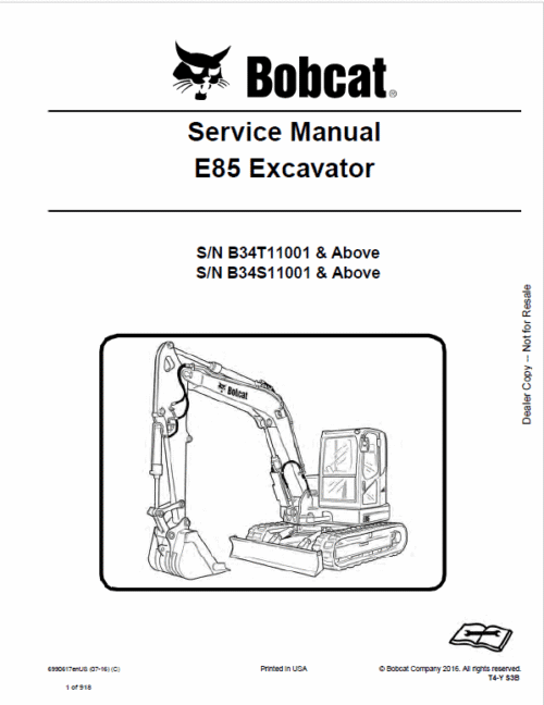 Bobcat E85 Excavator Repair Service Manual