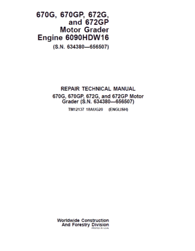 John Deere 670G, 670GP, 672G, 672GP Grader Manual