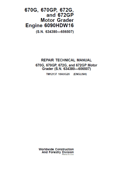 John Deere 670G, 670GP, 672G, 672GP Grader Manual