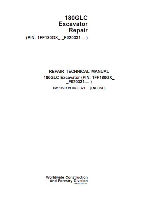 John Deere 180GLC Excavator Repair Service Manual TM