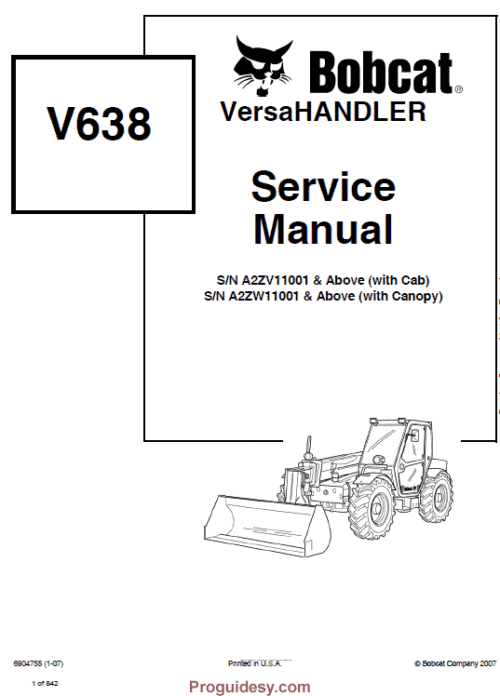 Bobcat V638 Versa HANDLER Telescopic Service Manual