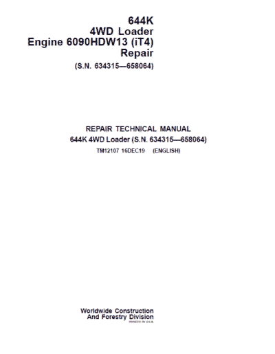 John Deere 644K 4WD Engine 6090HDW13 (iT4) Loader Technical Manual