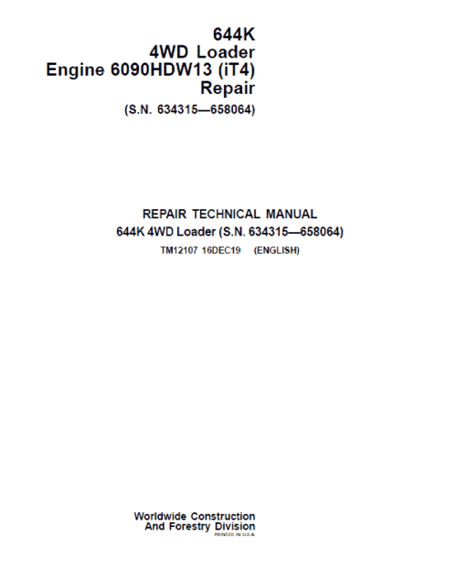 John Deere 644K 4WD Engine 6090HDW13 iT4 Loader Technical Manual