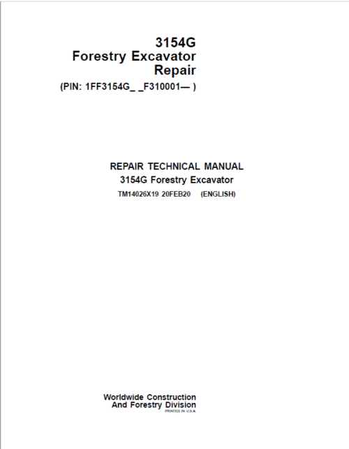 John Deere 3154G Swing Excavator Repair Services Manual