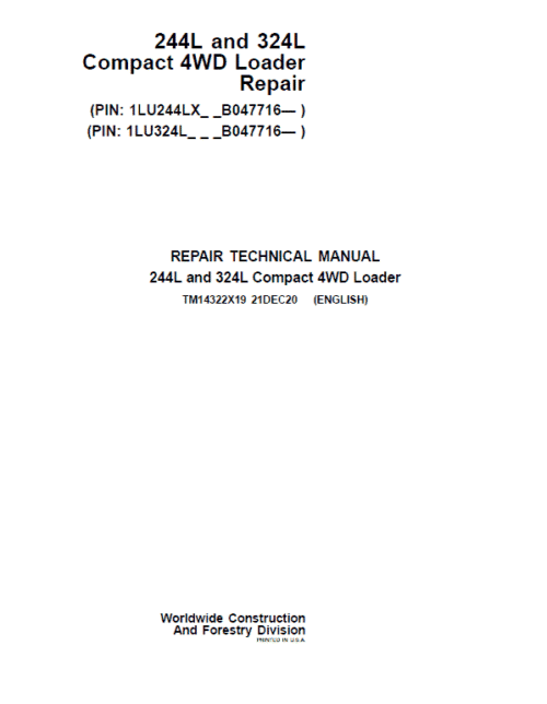 John Deere 244L, 324L Compact 4WD Loader Repair Technical Manual