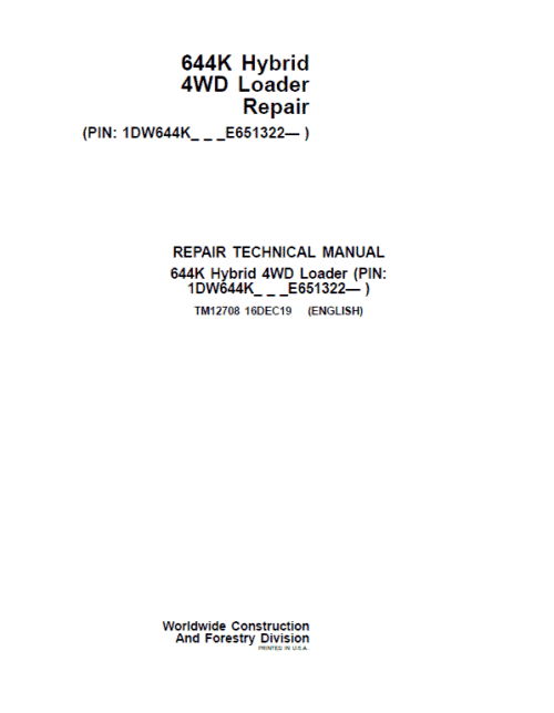 John Deere 644K Hybrid 4WD Loader Technical Manual