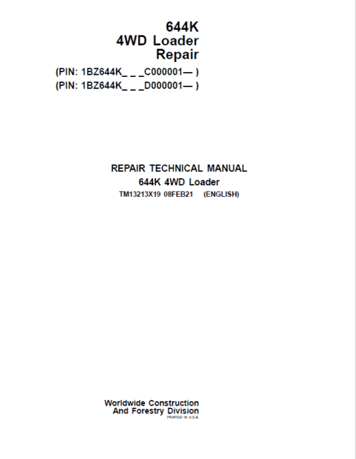 John Deere 644K 4WD Loader Technical Manual