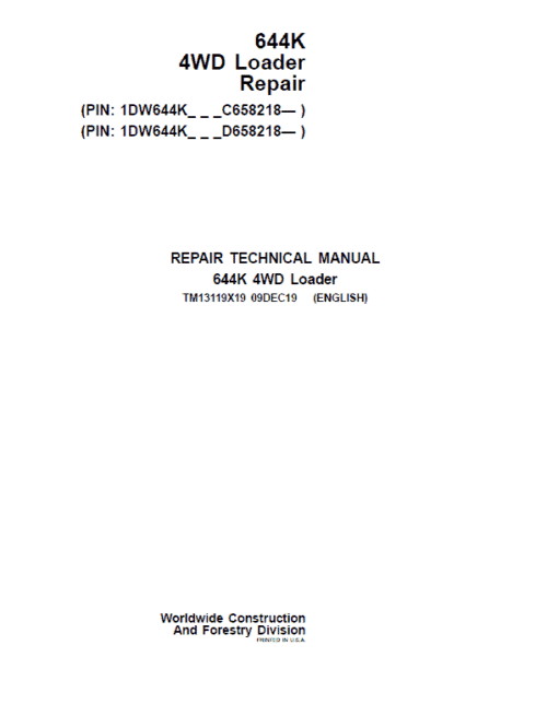 John Deere 644K 4WD Loader Repair Service Manual