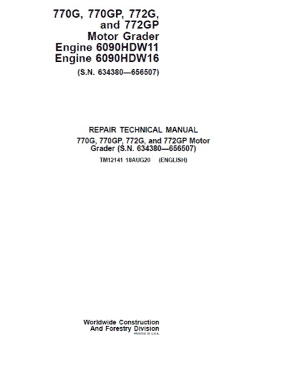 John Deere 770G, 770GP, 772G, 772GP Grader Repair Service Manual