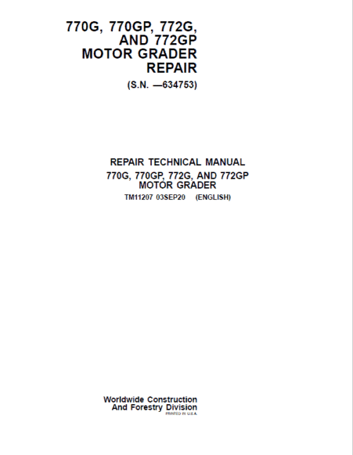 John Deere 770G, 770GP, 772G, 772GP Grader Technical Manual