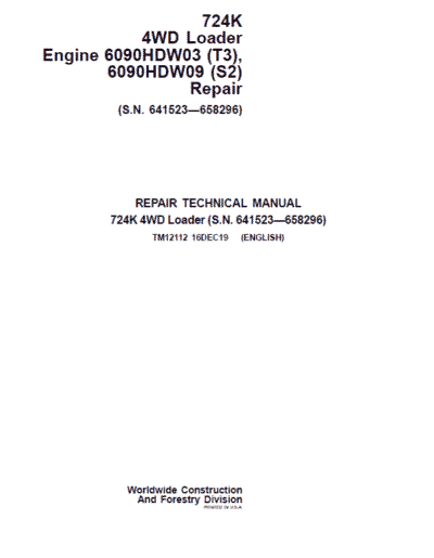 John Deere 724K 4WD Engine S2 & T3 Loader Technical Manual
