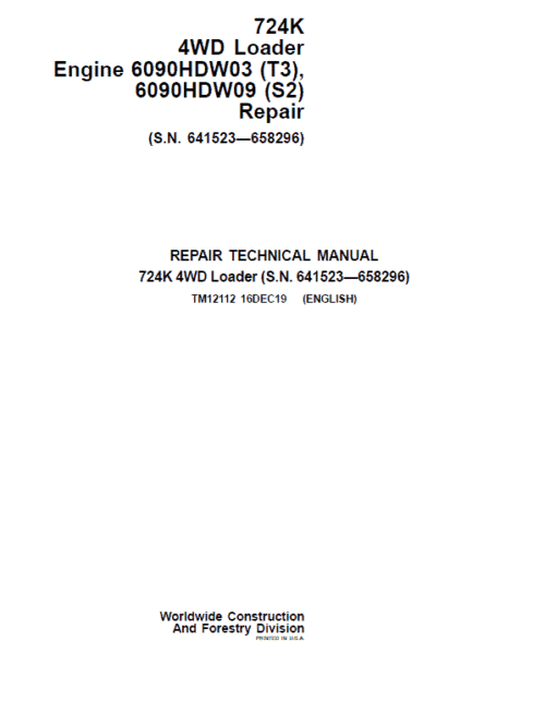 John Deere 724K 4WD Engine S2 & T3 Loader Technical Manual