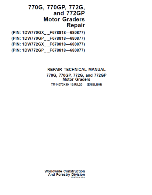John Deere 770G, 770GP, 772G, 772GP Grader Repair Manual