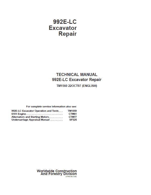 John Deere 992E LC Excavator Repair Service Manual John Deere 992E LC Excavator Repair Service Manual