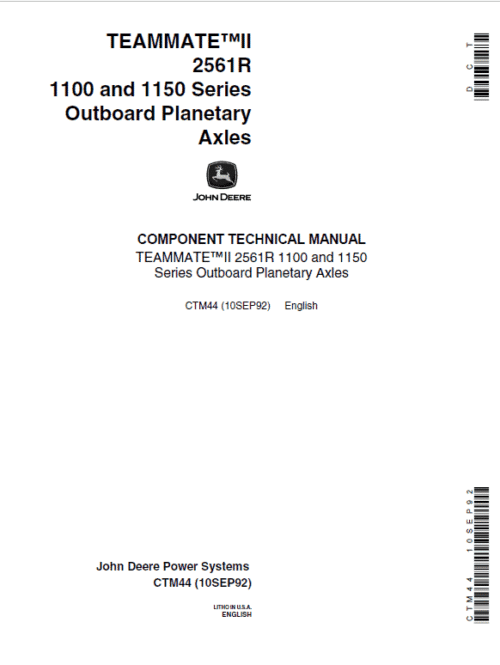 John Deere TeamMate II 2561R, 1100, 1150 Series Outboard Planetary Axles Manual