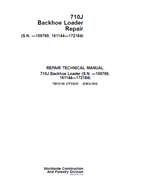 John Deere 710J Backhoe Loader Technical Manual (S.N before – 159769 & 161144 – 172184 )