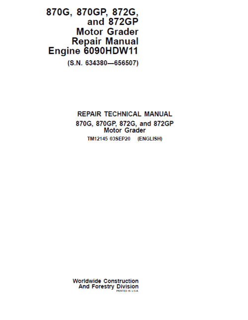 John Deere 870G, 870GP, 872G, 872GP Grader Manual