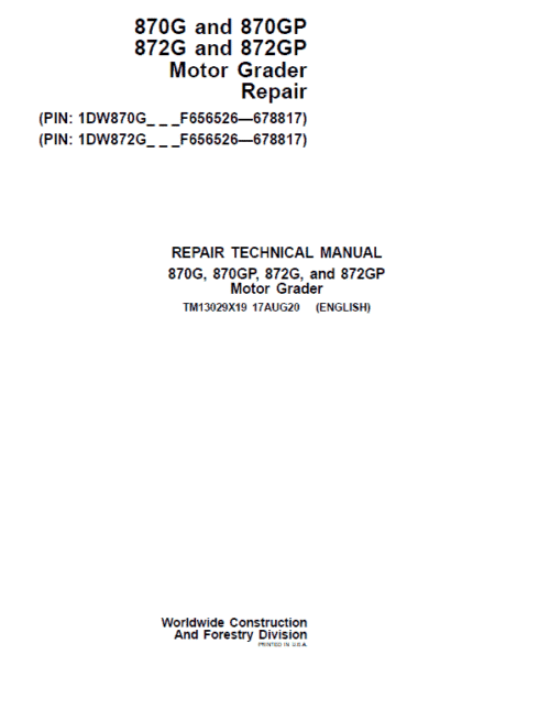 John Deere 870G, 870GP, 872G, 872GP Grader Service Manual
