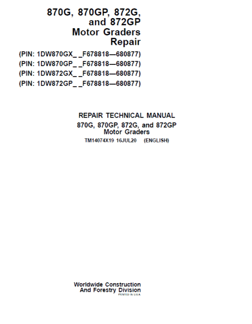 John Deere 870G, 870GP, 872G, 872P Grader Repair Manual