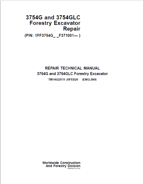 John Deere 3754G, 3754GLC Swing Excavator Repair Service