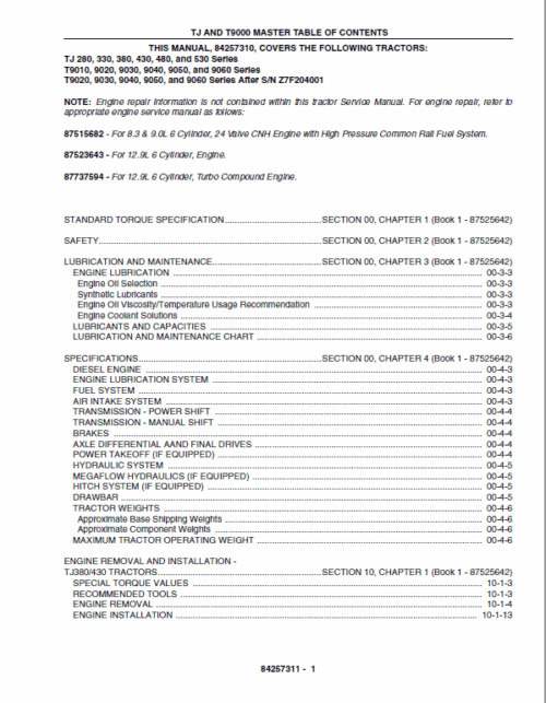 New Holland T9010, T9050, T9060 Tractor Service Manual