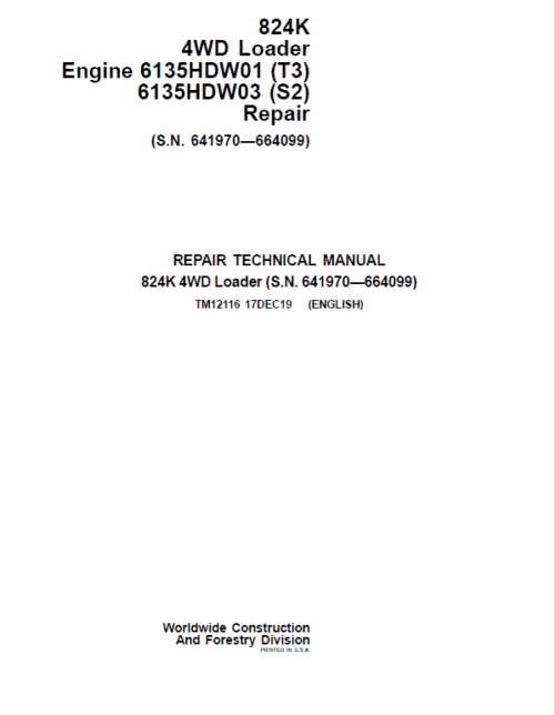 John Deere 824K 4WD Engine 6135HDW01 (T3) &  6135HDW03 (S2) Loader Service Manual