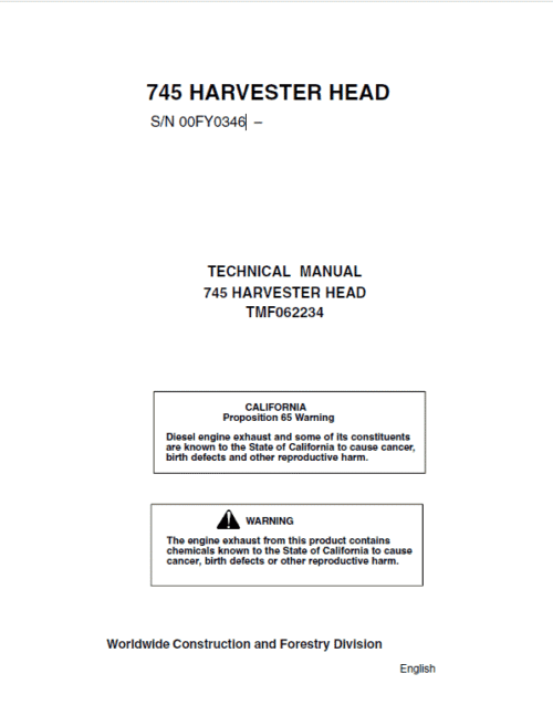 John Deere 745 Timberjack Harvester Head Repair Service Manual