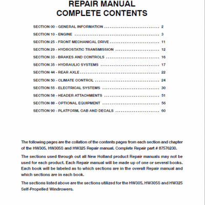 Cart New Holland HW305, HW305S, HW325 Self-Propelled Windrowers Service Manual