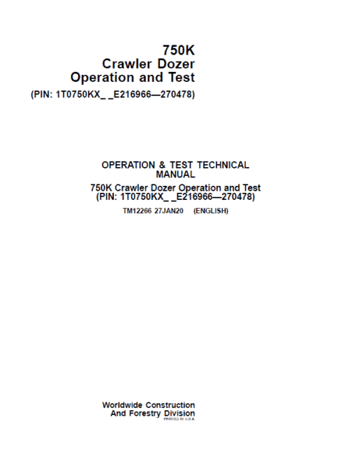 John Deere 750K Crawler Dozer Technical Manual (SN. from E216966 – E270478)