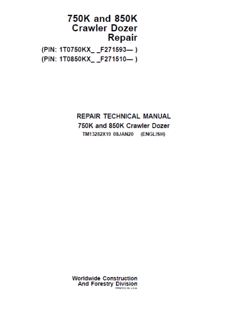 John Deere 750K, 850K Crawler Dozer Technical Manual (SN. from F271510)