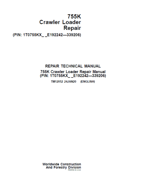 John Deere 755K Crawler Loader Technical Manual (SN. from E192242 – E339206)